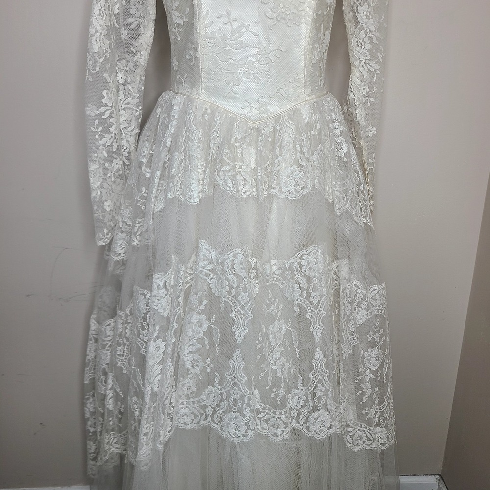 VTG 50s Wedding Dress Cottagecore Lace Tulle Bridal Gown Coquette Princess - Picture 4 of 12